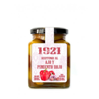 ACEITUNA VERDE HOJIBLANCA CON HUESO, AJO Y PIMIENTO ROJO 1921