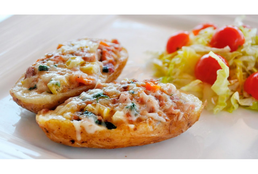 PATATAS GRATINADAS CON MAÍZ, JAMÓN y QUESO