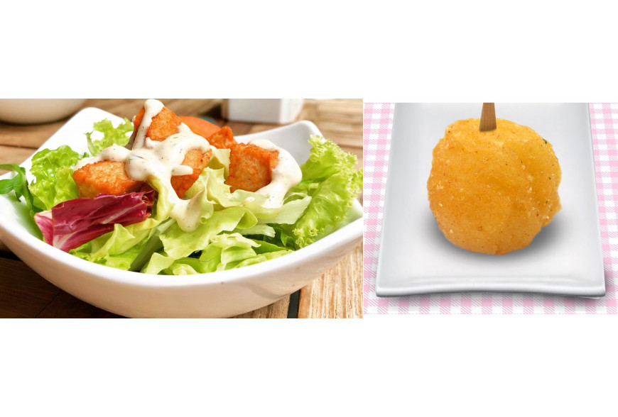 ENSALADA CON SALSA DE YOGUR Y PATATAS RELLENAS CON SALSA DE PIMIENTA